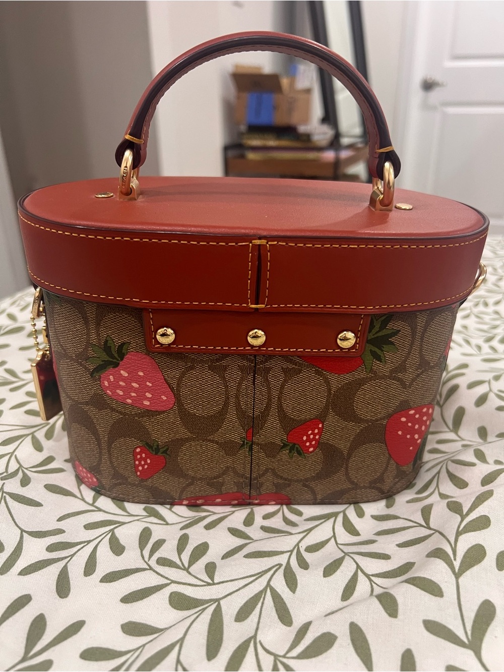 Coach Strawberry Print Signature Mini Top-Handle Bag in Red and Brown - Picture 2 of 8